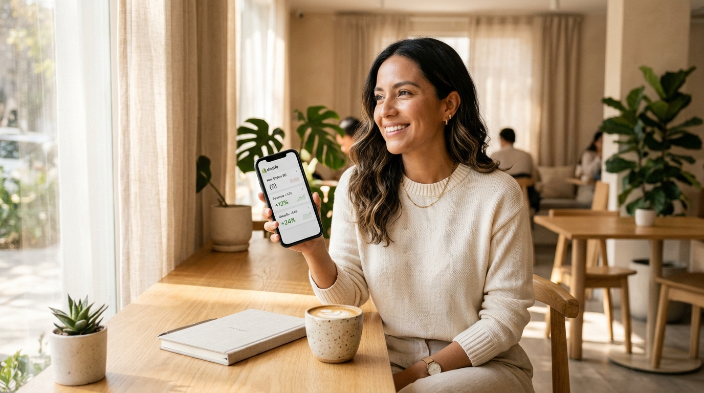 Emprendedora revisando ventas de su tienda desde el celular con tranquilidad